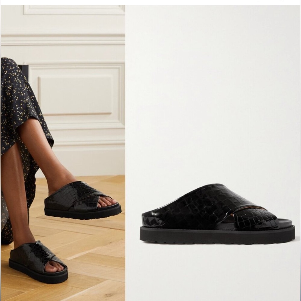 GANNI Glossed Croc Effect Cross Strap Sandals: Sz 36